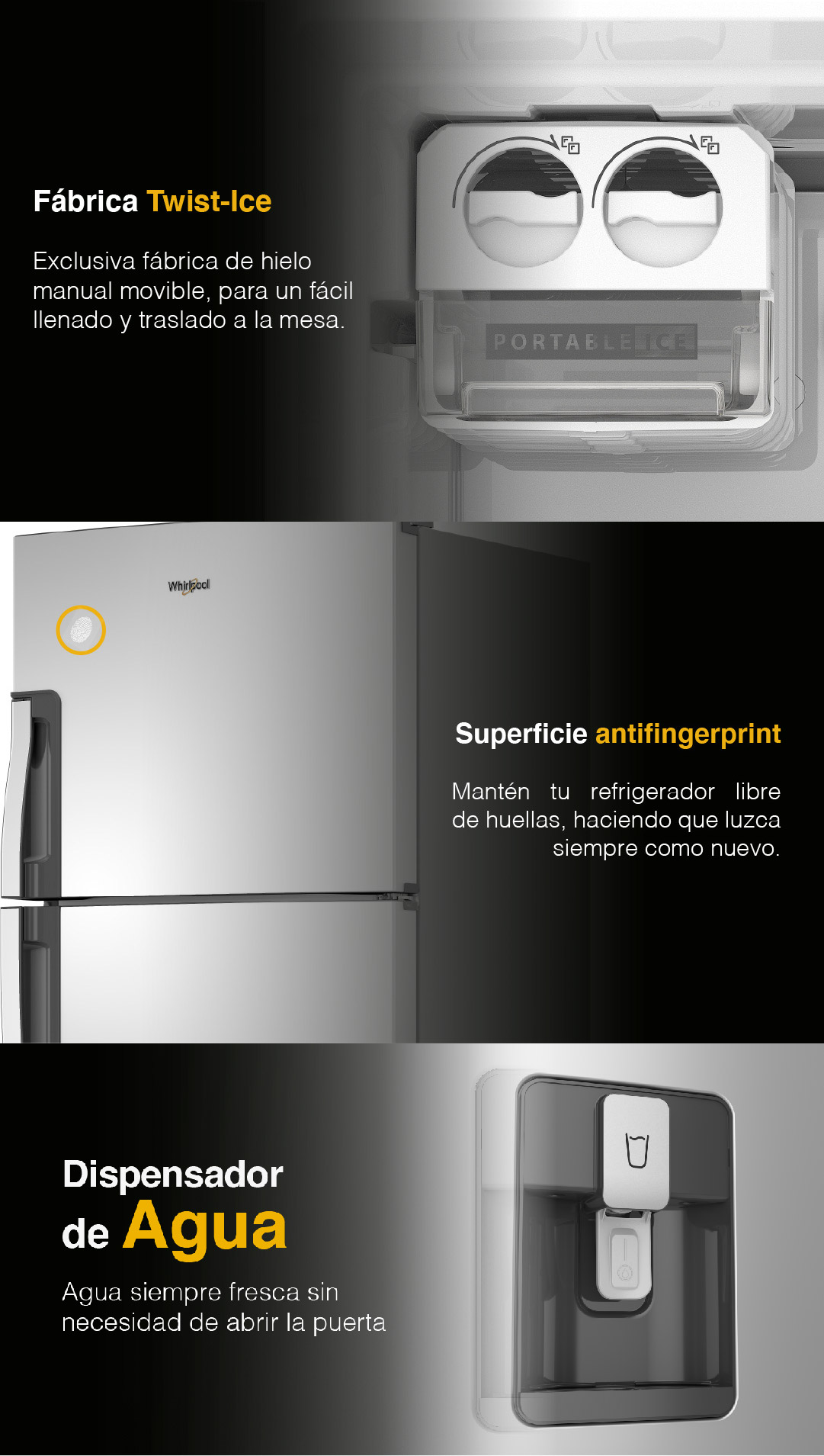 Nevecón 4 puertas Whirlpool 7501545587931. con gran capacidad de almacenamiento y flexibilidad de acomodación.